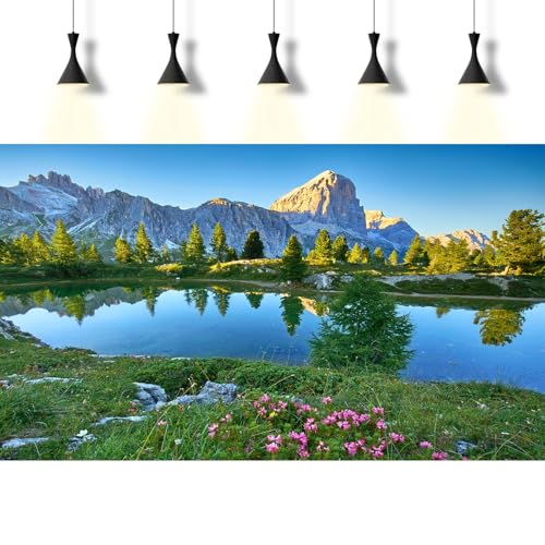 Mountain Aquarium Background Blue Sky Tranquil Lake Fish Tank Background Sunset Mountain Rock Nature Landscape Reptile Enclosure Backgrounds Mountain Pine Trees Meadow Reptile Tank Backgrounds 24x12in - color: Blue_Green, size: 24(W)x12(H)inches/ 60(W)*30