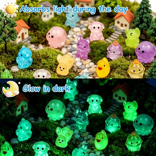 50 PCS Mini Resin Animals Bulk, 8 Style Tiny Resin Animal Figurines Glow in The Dark for Fairy Garden Micro Landscaping Aquarium & DIY Craft Decor - color: Multi-colored Animals