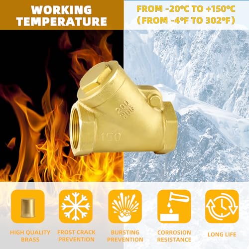 1/2" NPT Brass Y-Type Check Valve, Y Type Non Return Swing Check Valve, Level One Way Counterflow Valve to Prevent the Medium Backflow for Oil Water Gas Air（1/2", DN15） - size: 1/2"-NPT
