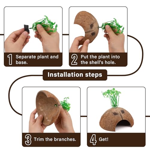 SINKOO Hermit Crab Shells Natural Coconut Shell Hut Artificial Plants 19 PCS Decoration Supplies House Tank