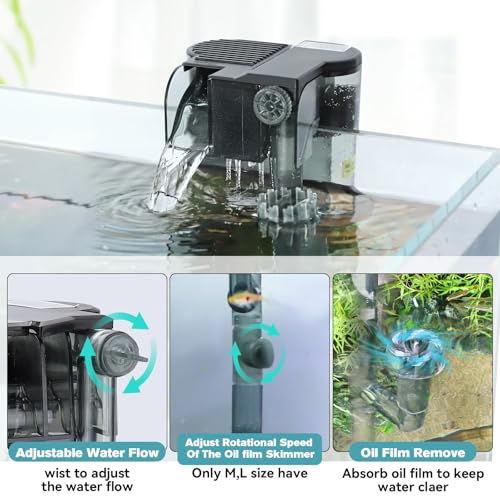 hygger Hang On Back Aquarium Filter, Small Fish Tank Filter Waterfall Filtration System, Adjustable Water Flow with Surface Skimmer, Replaceable Sponge Quiet Hanging Filter for Tank 5~10 Gal - size: M