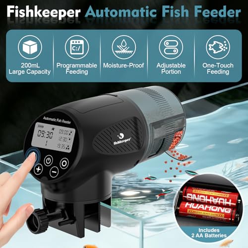 fishkeeper Automatic Fish Feeder for Aquarium: Moisture-Proof Auto Precision Feeders Dispenser with LCD Display for Small Tank Turtle Betta Koi - Battery Food Feeding Timer for Vacation Weekend Day - size: 200ML-LCD