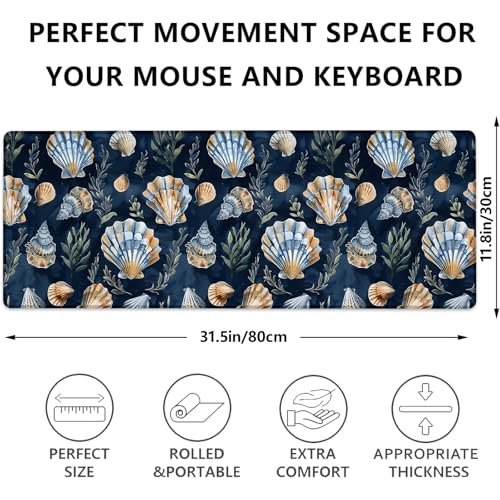 Seashell Print Gaming Mouse Pad, Blue and Gold Seashells Large Desk Mat for Computer, Extended Keyboard Laptop Mouse Pads 31.5×11.8in, Non Slip Rubber Mousepad for Office Decor Gifts - color: Seashell24