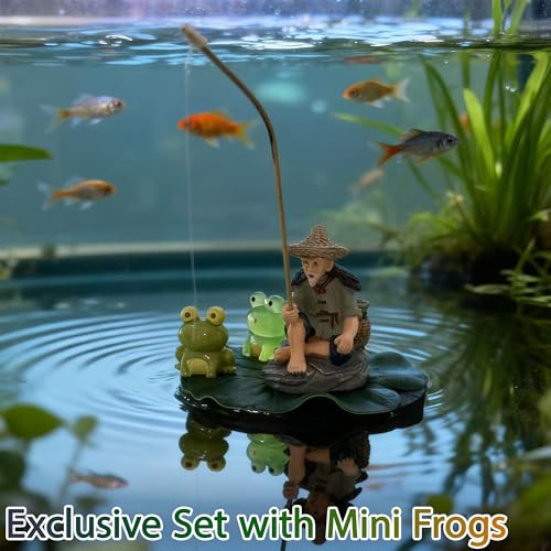 Floating Fish Tank Decorations, Mini Fisherman Aquarium Decor with Lotus Leaf and Fishing Rod, Floating Aquarium Ornaments with Interactive Feeder for Small Fish