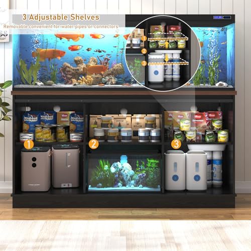 Hlivelood Farmhouse 75-120 Gallon Fish Tank Stand with Power Outlet, Aquarium Stand w/Cabinet&Sliding Barn Door, Heavy Duty Reptile Tank Stand for Fish/Turtle/Reptile Terrarium, 1000LB Capacity, Black - color: Black, size: 75-120 Gallon