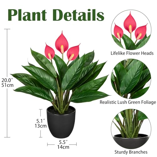 GnFlus 20'' Realistic Pink Anthurium Artificial Plant, Fake Potted Plants for Home Office Farmhouse Kitchen Bathroom Table Shelf Decor