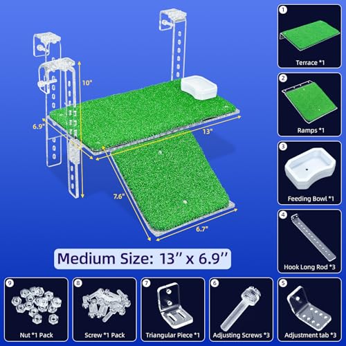 Adjustable Hanging Turtle Dock with Anti-Slip Artificial Grass Basking Platform Sturdy Acrylic Ramp for Aquatic Turtles, Compatible with Various Tank Sizes, Easy Setup Transparent, 13x6.9 Inch - size: 13x6.9 Inch