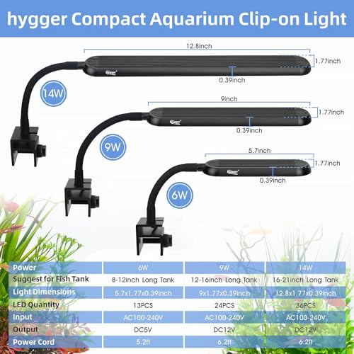 hygger 5-10 Gallon Nano Tank Mini Clip-on Aquarium Light with White Blue Red LEDs Fish Tank Lighting Built-in Timer 5 Brightness Levels 9W - size: 9W