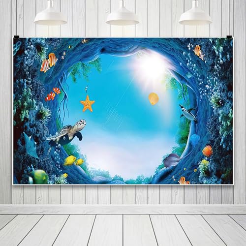 Renaiss 5x3ft Underwater World Backdrop Under The Sea Tropical Fish Sea Turtle Deep Sea Sunlight Seabed Aquarium Photography Background for Kids Newborn Baby Shower Birthday Decor Banner - color: WSNWH17096, size: 5x3ft