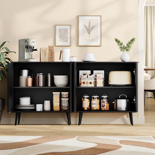 Set of 2 Fluted Storage Cabinet, Buffet Cabinet with Storage, Wood Sideboard with Adjustable Shelf, Modern Accent Cabinet & Console Table for Entryway, Living Room, Dining Room, Black - color: Black丨fluted Panel, size: 2 Pieces