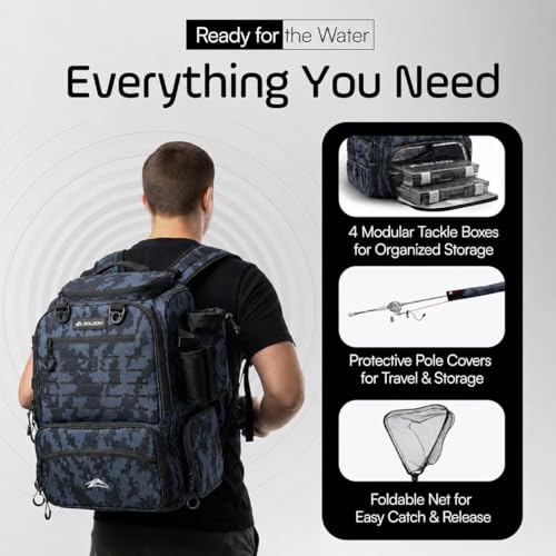 Waterproof Fishing Backpack with Tackle Boxes, Rod Holder & Foldable Net - 40L Fishing Tackle Bag with Trays Included, Extra Storage Gear and Equipment, Rain Cover, Fisherman Gift for Men - color: Black Camo