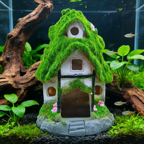 M2cbridge Aquarium Decorations Fish Hideout House Betta Cave Landscape Garden Decoration with Green Lifelike Moss (Garden Shed) - style: Garden Shed