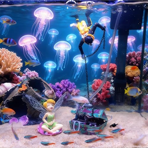 Resin Live-Action Aerating Aquarium Ornament, Undersea Treasure Chest with Diver, Air Bubbler Fish Tank Decor for Freshwater Saltwater Aquascape & Aquatic Pet Hideout