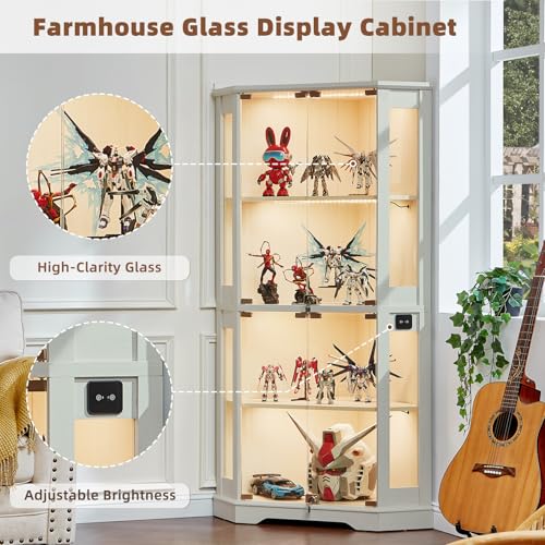 LELELINKY Farmhouse Glass Display Cabinet Set of 2 with Doors, Corner Curio Cabinet for Collectibles, Wooden Display Cabinets for Home, Office, Living Room, Corner, White - color: White, size: Set B