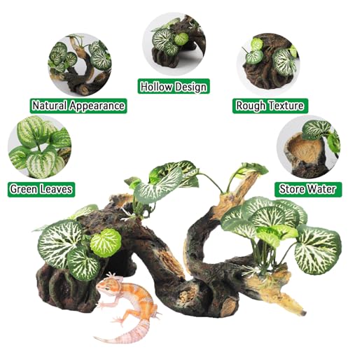 PINVNBY Branches for Reptiles,Crested Gecko Resin Climbing Tree Branch with Hideout Cave Bearded Dragon Tank Accessories Lizard Terrarium Habitat Plant Decorations for Snake Gecko Spider Frog(Green) - color: 【green】