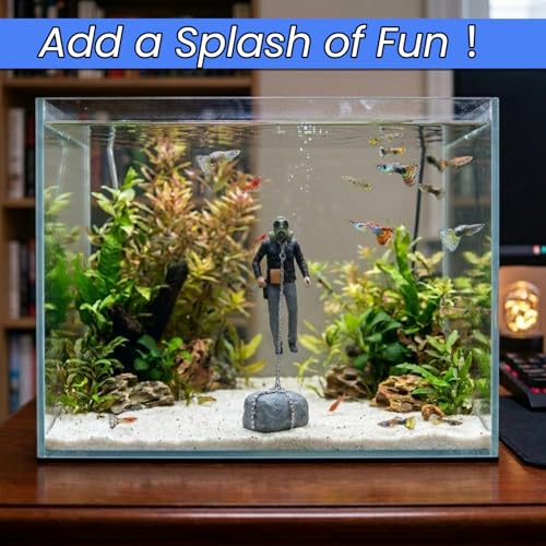 Floating Fish Tank Decoration- Chained Killer of The Deep, Survival Horror Action Figure with Detachable Gas Mask & Weapons - Resin Sinking Ornament with Stone Anchor, Cool DIY Aquarium Decoration