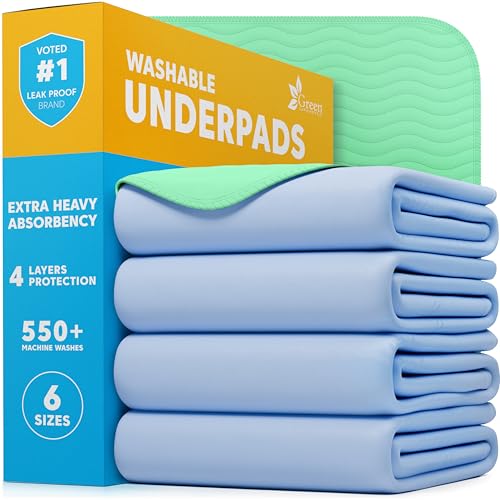 GREEN LIFESTYLE® Washable Underpads - Heavy Absorbency Reusable Bedwetting Incontinence Pads for Kids, Adults, Elderly, and Pets - Toddler Mattress Pads for Bed, Sofa, Couch, Floor (Pack of 4 - 30x34) - color: Blue/Green, size: 4 Pack - 30x34