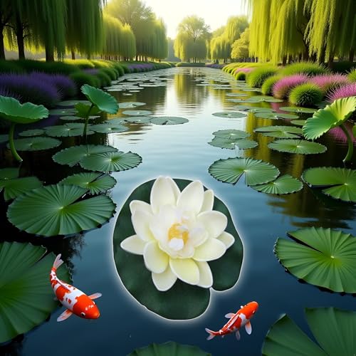 2Pcs Artificial Floating Foam Lotus Flowers White with Water Lily Pad Ornaments,for Patio Koi Pond Pool Aquarium Home Garden Wedding Party Holiday Decoration Water Gardens and Ponds