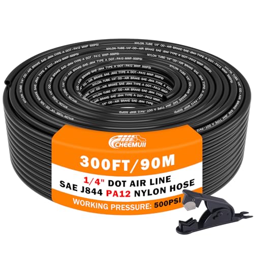CheeMuii 300 FT 1/4" DOT Air Line 1/4 PA12 Nylon Pneumatic Tubing 91 Meter 1/4 Inch OD Pneumatic Air Tubing Pipe Hose Line for Semi Truck Trailer or Industrial Air System - color: Black, size: 1/4"OD-300FT