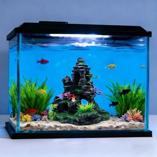 Large Aquarium Decoration Resin Fake Rock Mountain Ornament Landscape Castle Decoration Fighting Fish Reptiles Turtles Hiding Cave Fish Tank Ornaments Accessories - Height 10.7 inches (Purple) - color: Purple