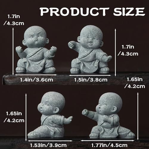 4 PCS Cute Kung Fu Zen Monk Praying Statue, Mini Sandstone Buddha Statues, Stone Monk Figurine Zen Decor for Desktop Decor, Home Feng Shui, Zen Garden, Fish Tank, 4Pcs Grey