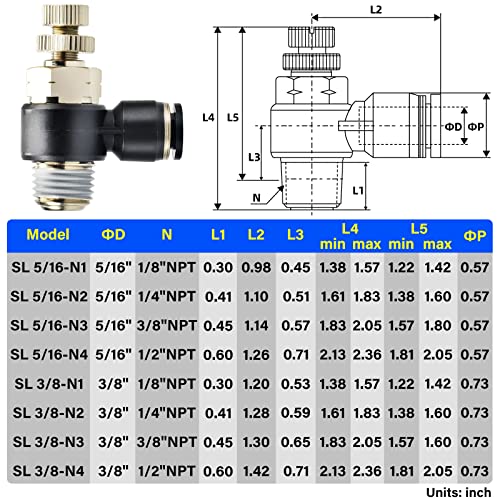 TAILONZ PNEUMATIC 3 Pack SL-5/16-N1 Push to Connect Air Line Fitting Air Flow Control Valve 5/16 Inch od 1/8 Inch NPT Elbow 90 Degree Air Speed Control Valve Fitting - size: 5/16"OD1/8"NPT