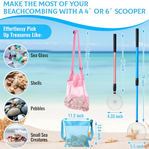 Roshtia 2 Pack Beach Sand Sifter Scoop with Seashell Bags, 18.5"- 30" Adiustable Shark Tooth Sifter Long Handle Sand Digger Scooper for Shell & Shark Tooth Collect Tool Toy for Adults Kid (Blue, Pink) - color: Blue, Pink, size: 18.5-30 Inch, style: Scoop