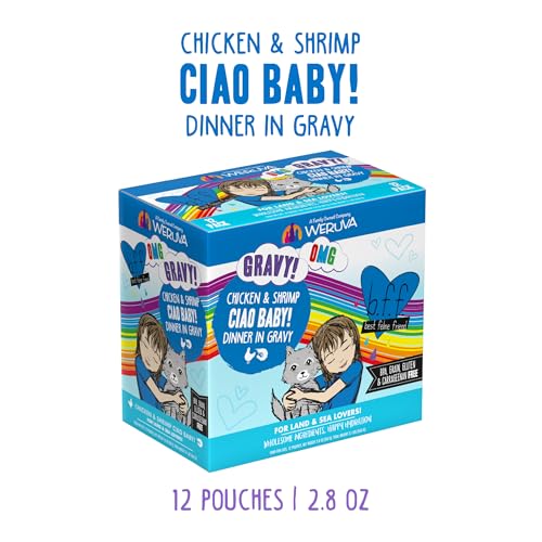 Weruva B.F.F. OMG - Best Feline Friend Oh My Gravy!, Ciao Baby! with Chicken & Shrimp in Gravy Cat Food, 2.8oz Pouch (Pack of 12) - size: 2.8 Ounce (Pack of 12)