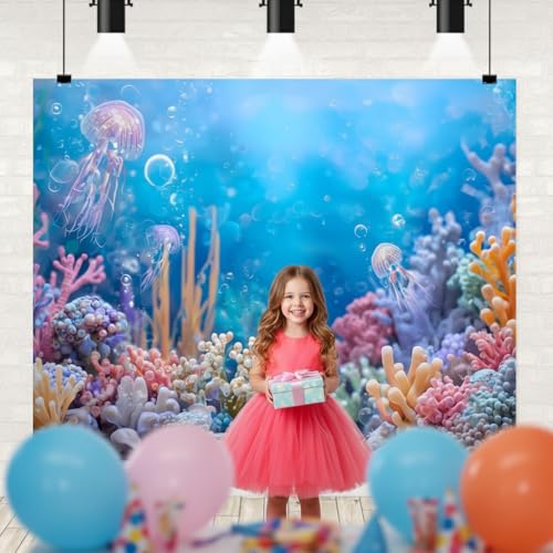 10x8ft Under The Sea Backdrop Ocean Theme Party Decorations Banner Mermaid Coral Jellyfish Underwater World Photography Background for Grils Baby Shower Birthday Photo Booth Prop - color: Pink, size: 10x8ft