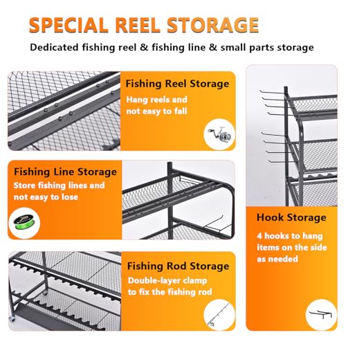 Heavy Duty Fishing Rod Rack, Fishing Organizer for Garage, Fishing Gear Holder for Garage with Movable Wheels - size: 15 Rods & Reel Storage