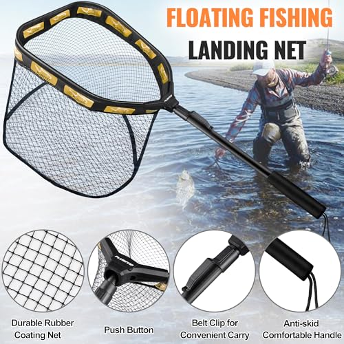PLUSINNO Floating Fishing Net for Steelhead, Salmon, Fly, Kayak, Catfish, Bass, Trout Fishing, Rubber Coated Foldable Landing Net with Fixed or Telescoping Pole Handle, Fishing Gear and Gifts for Men - color: 11.8"/30cm Hoop Size 0.8M Orange (Fixed Pole)W