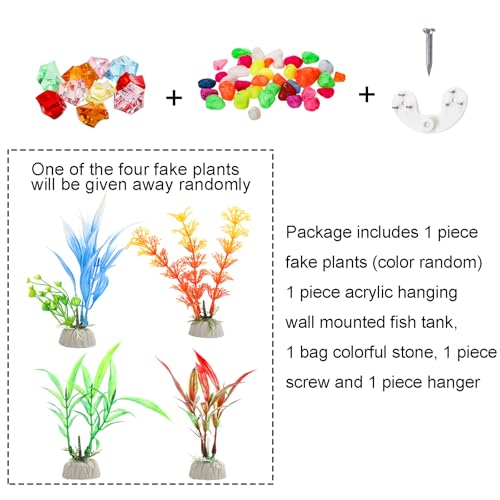 WUWEOT Hanging Fish Bowl, 9'' Acrylic Wall Mounted Fish Tank, 0.5 Gallon Hydroponic Air Plant Flower Pot, Transparency Bubble Vase Mini Aquarium Planter with Fake Plants and Colorful Stone