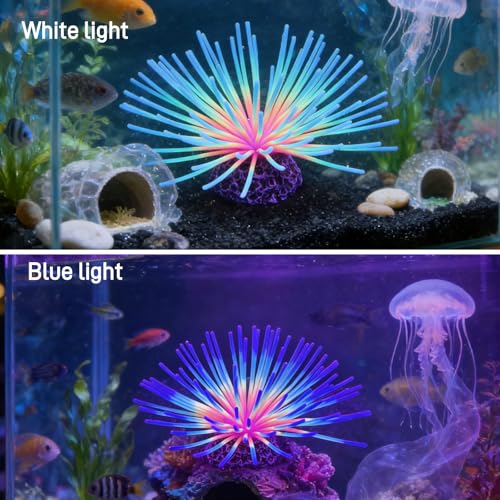 Glowing Sea Urchin Aquarium Decor - Fluorescent Rainbow Ornament with Weighted Base for Fish Tank, Safe Soft Silicone, Freshwater & Saltwater, Vibrant Glow Under Blue Light (Blue) - color: Blue