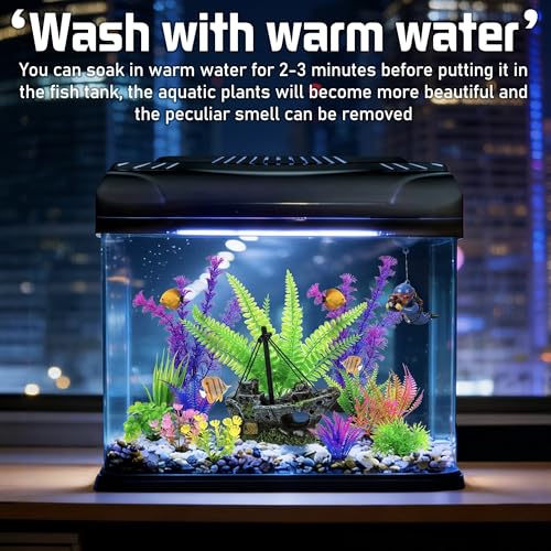 Fish Tank Decor Set with Shipwreck Decoration, Little Diver Floating & 13 Aquatic Artificial Plants - Betta Plants & Hiding Spots for Aquariums and Small Fish Tank Accessories