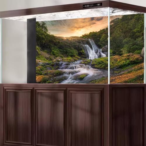 Sunset Waterfall Aquarium Background Majestic Jungle Rainforest Fish Tank Background Majestic Cascading Waterfalls Terrarium Backgrounds Tranquil Stream Green Forest Reptile Tank Backgrounds 24x12in - color: Brown_Green, size: 24(W)x12(H)in