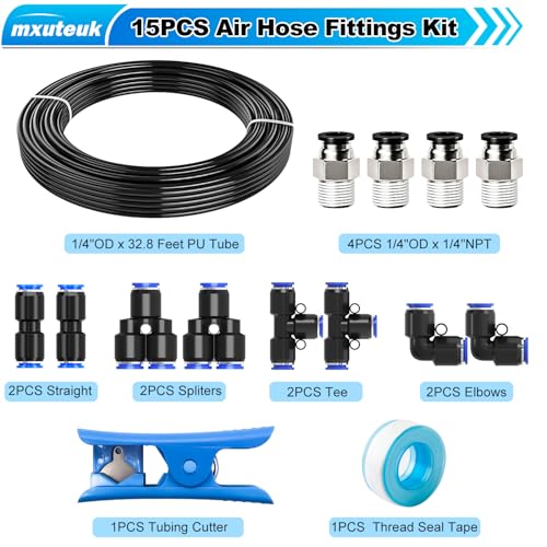 mxuteuk 1/4" Air Line Tubing Kit,1/4" Air Hose Kit,1/4 Inch(6.35mm) OD x 32.8 Feet PU Tube with Push to Connect Fittings(15PCS)