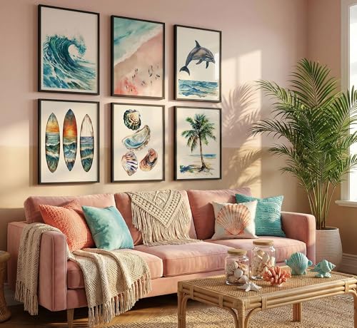 6pcs Vintage Coastal Canvas Wall Art Beach Surfboard Shell Posters Prints Paintings Summer Ocean Animal Wall Decor Pictures for Living Room Bedroom Bathroom Home Decorate Unframed - color: Coastal-1, size: 10"L x 8"W-Posters