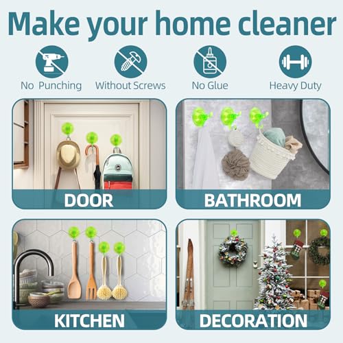 Antimbee 3 Pack Suction Cup Hooks, Clear Suction Cup Hanger, Removable Small Suction Cups for Shower, Bathroom, Glass, Door, Windows, Kitchen-Up to 11 lbs on Smooth Surface (Transparent Green) - color: Transparent Green