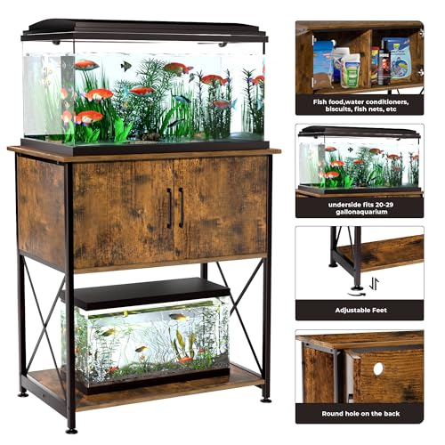 Herture 20-29 Gallon Aquarium Stand Metal Frame Fish Tank Stand with Cabinet Storage, for 20 Gallon Long Aquarium,30.7" L*16.5" W Tabletop,330LBS Capacity Rustic Brown and Black PG01YGN - color: Rustic Brown, size: 20-29 Gallon