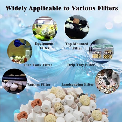 Aquarium Filter Media, 12 in 1 Bio Balls Ceramic Rings Set with Zippered Mesh Bag, Durable Freshwater Marine Biological Filter Media for Fish Tank, Pond, Canister (1.1lb, 500g)