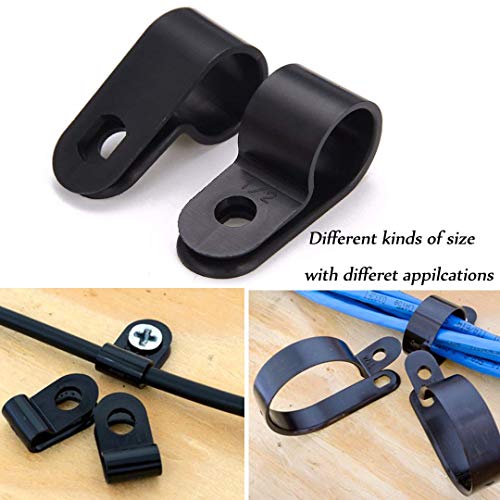Orgrimmar 200 Pcs Black Nylon Plastic R-Type Cable Clamps 3/16" 1/4" 3/8" 1/2" 3/4" 1" Clips Fasteners Assortment for Cable Conduit