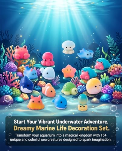 15 Pcs Mini Ocean Creatures Decor Set - Artificial Fish, Turtle, Octopus & Crab Polyresin Aquarium Ornaments for Fish Tanks, Tank Decorations