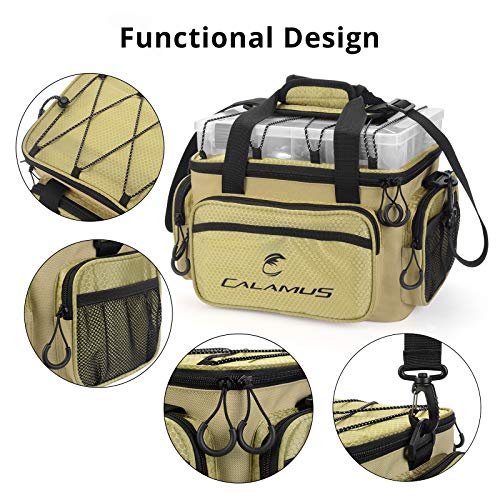 Calamus Fishing Tackle Bags - Fishing Bags for Saltwater or Freshwater Fishing - Rip-Stop PE - Padded Shoulder Strap - Pliers Storage -Khaki - color: C：Khaki(without trays)-14.3*9*7.5 inches