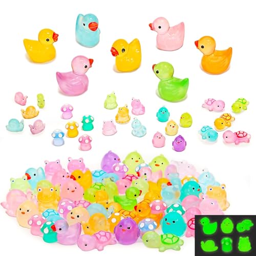 FEXIA 100 Pcs Mini Resin Ducks 6 Types Bulk to Hide Luminous Mini Resin Animals Glow in The Dark for DIY Garden Combination Sets for Micro Landscape Aquarium Party Decor - color: 6 Kinds-100pcs
