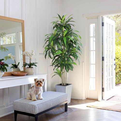 Artificial Dracaena Tree with White Tall Planter, 7ft Tall Potted Artificial Dracaena Silk Plant, Fake Yucca Tree Plant, Home Office Floor Room Decor Plants Indoor Outdoor, Housewarming Gift - color: Dracaena Plant 7ft