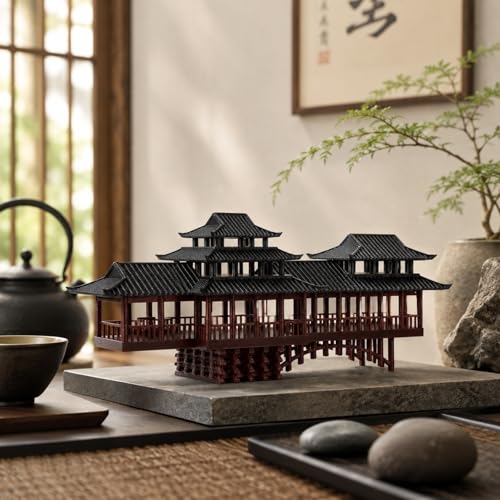 LOGOFUN Mini Ancient Chinese Pavilion Ornament with Arched Bridge for Micro Landscape Garden Bonsai Model Decoration - 13.5x5x5.5cm