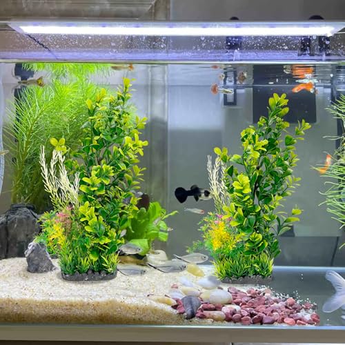 Aquarium Plants 2-Pack, 11.8in Artificial Plastic Fish Tank Decor, Moderate Size Aquarium Decorations, Safe Green Fish Tank Plants for Freshwater Tanks (Light Green & Gold Mix) - color: Light Green & Gold Mix