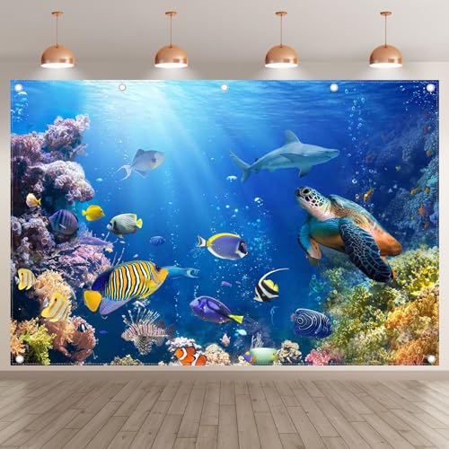 12x8ft Under The Sea Photography Backdrop Ocean Underwater World Background Aquarium Coral Baby Shower Decorations Birthday Party Photo Banner - size: 12'x8'