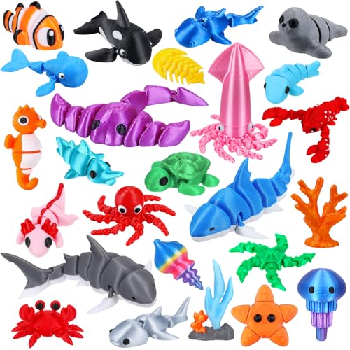 25 Pcs 3D Printed Ocean Animals Set, Flexible Articulated Mini Sea Animal Figurines Fidget Toy Desk Pets, Ideal for Party Favors Birthday Gifts Office Desktop Home Decor - style: 25Pcs-3D Ocean Animals
