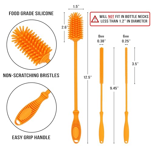 Silicone Bottle Brush with 2 Straw Cleaners - 12.5” Water Bottle Cleaner Brush for Yeti, Hydro Flask, Owala, Stanley, Baby Bottles, Glassware, Vases & Narrow Neck Containers - Orange